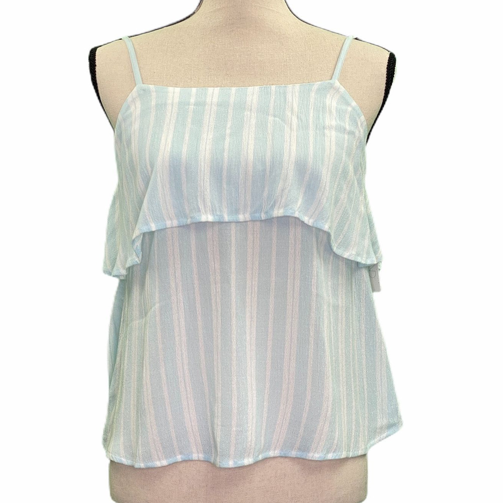 STRIPED White and Light Blue Tiered Spaghetti Strap Tank
